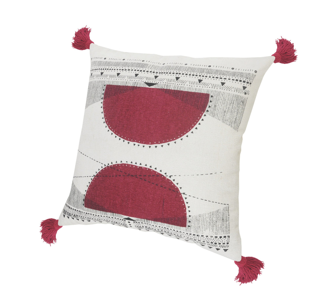 20" Black White And Burgundy Cotton Geometric Throw Pillow with Tassels-3
