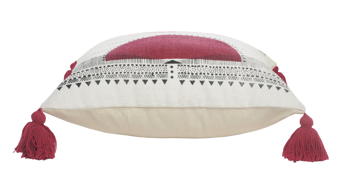 20" Black White And Burgundy Cotton Geometric Throw Pillow with Tassels-4