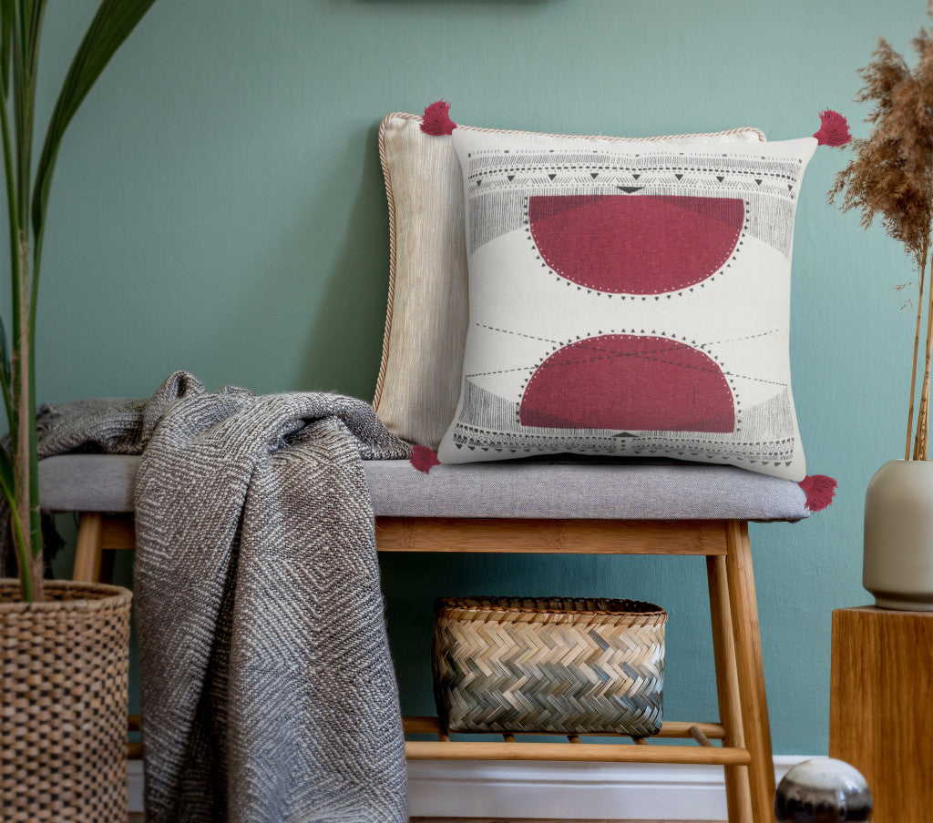 20" Black White And Burgundy Cotton Geometric Throw Pillow with Tassels-5