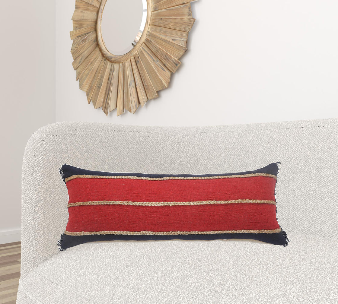 14" X 36" Red Navy And Tan 100% Cotton Striped Zippered Pillow-5