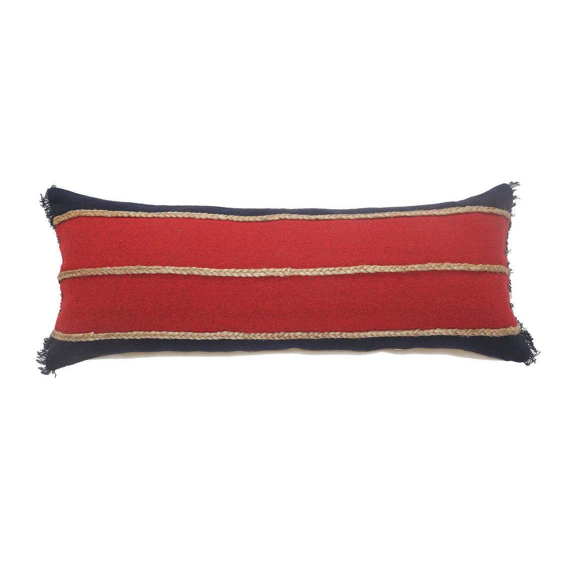 14" X 36" Red Navy And Tan 100% Cotton Striped Zippered Pillow-0