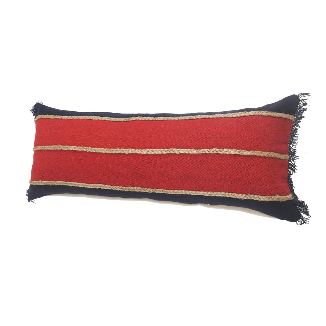 14" X 36" Red Navy And Tan 100% Cotton Striped Zippered Pillow-3