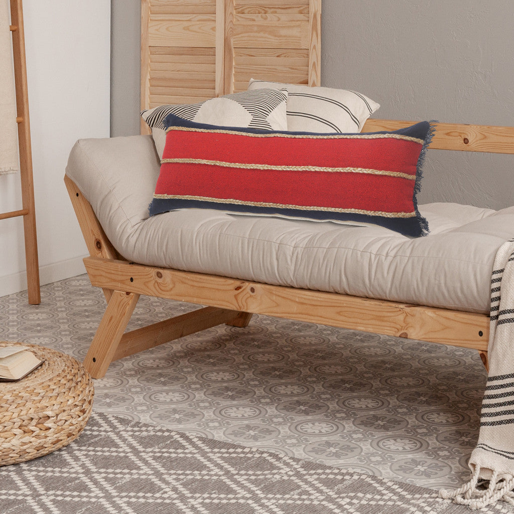 14" X 36" Red Navy And Tan 100% Cotton Striped Zippered Pillow-7