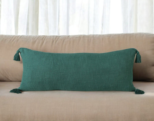 14" X 36" Emerald Cotton Throw Pillow with Tassels-0