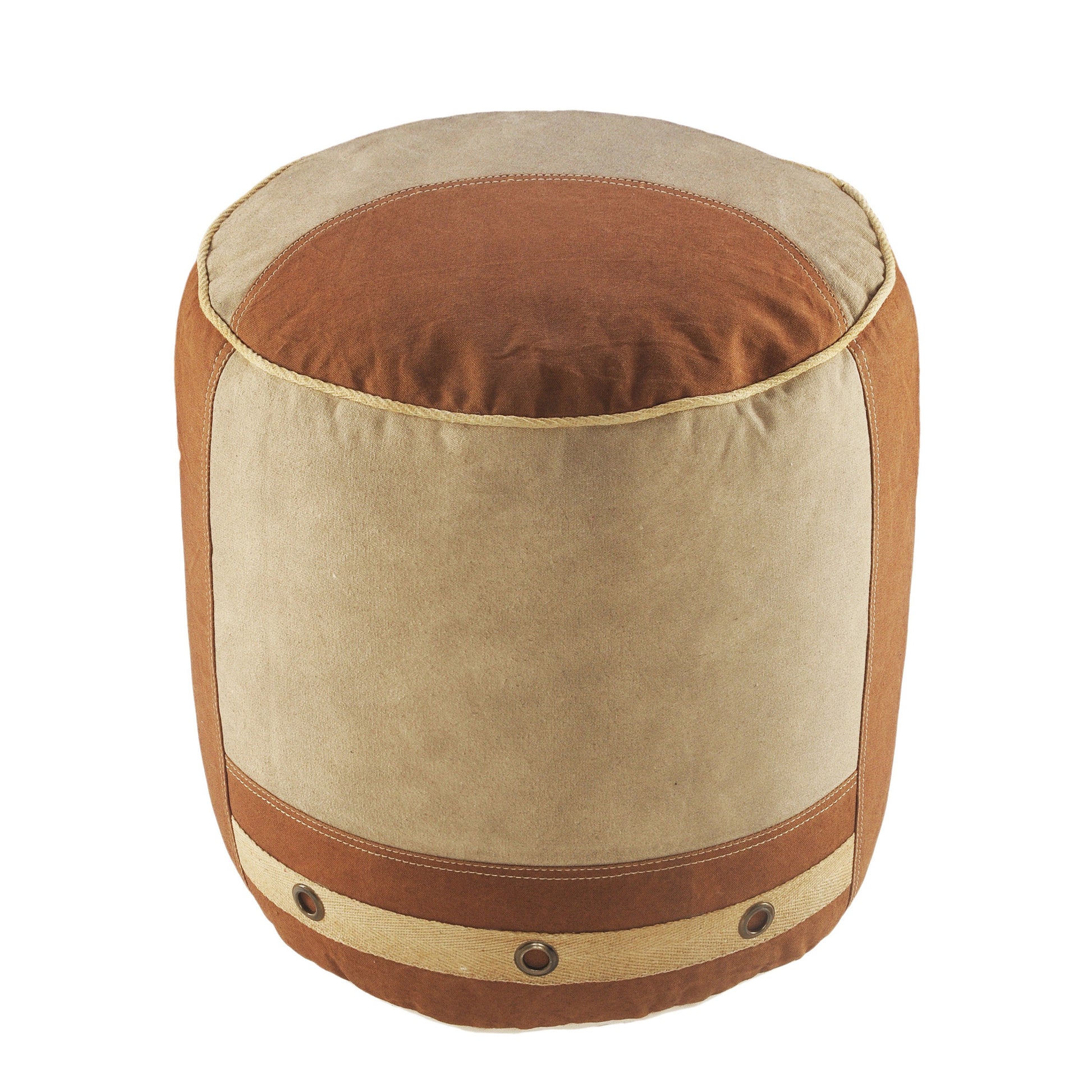 16" Tan Cotton Cylinder Striped Pouf Ottoman-0