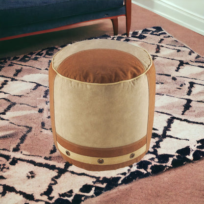 16" Tan Cotton Cylinder Striped Pouf Ottoman-5