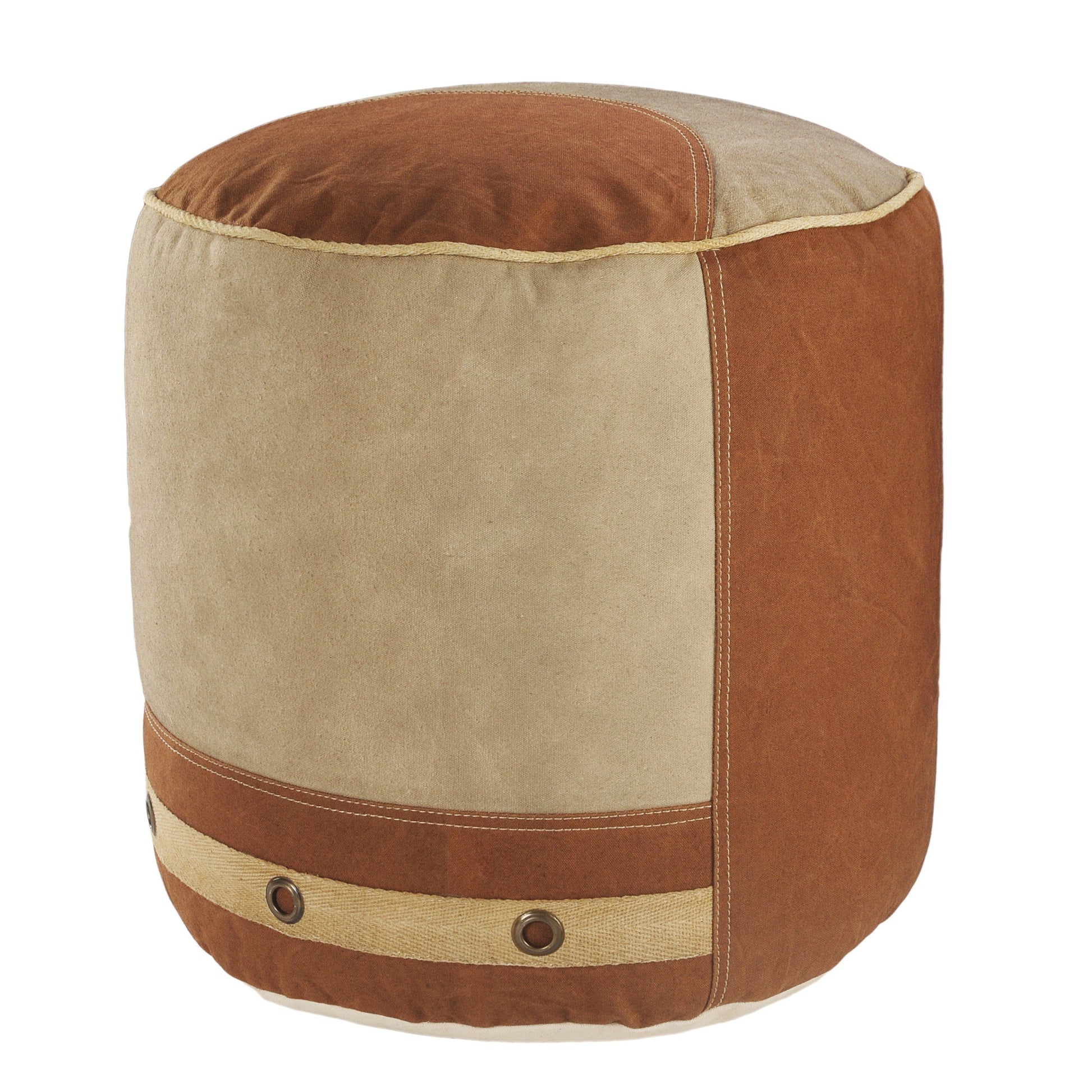 16" Tan Cotton Cylinder Striped Pouf Ottoman-3