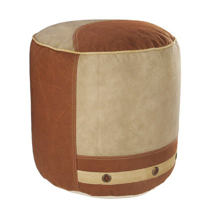 16" Tan Cotton Cylinder Striped Pouf Ottoman-4