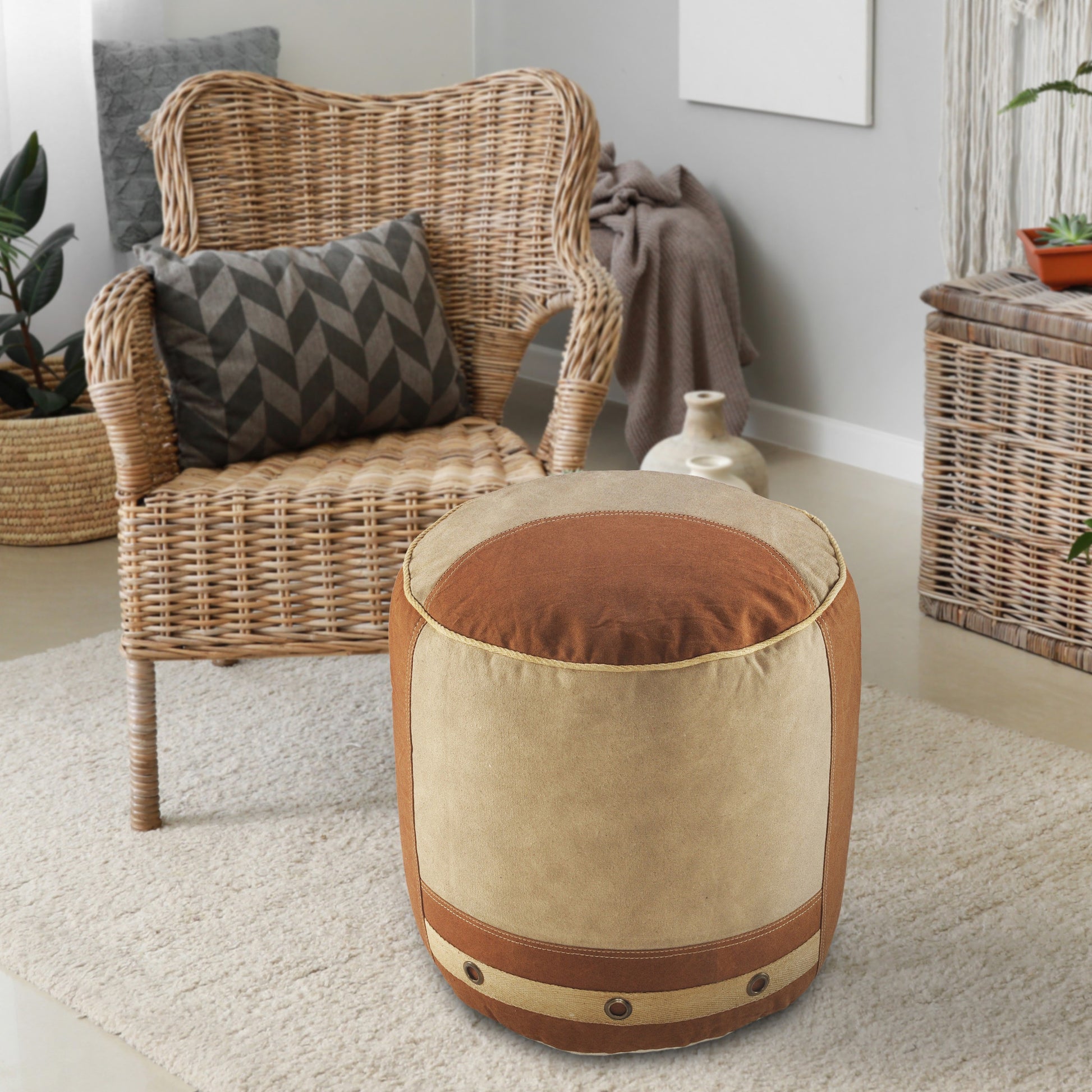 16" Tan Cotton Cylinder Striped Pouf Ottoman-7