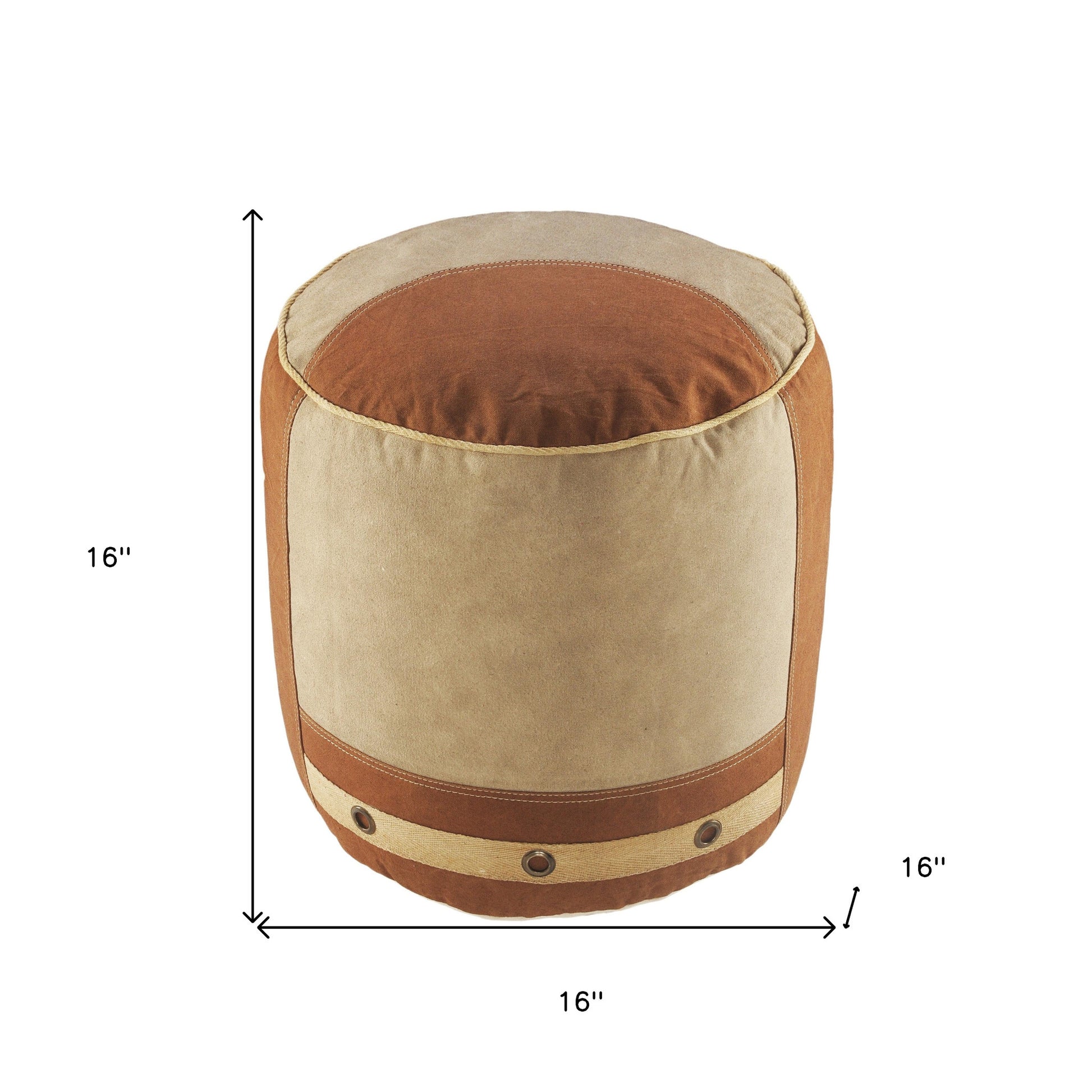 16" Tan Cotton Cylinder Striped Pouf Ottoman-8