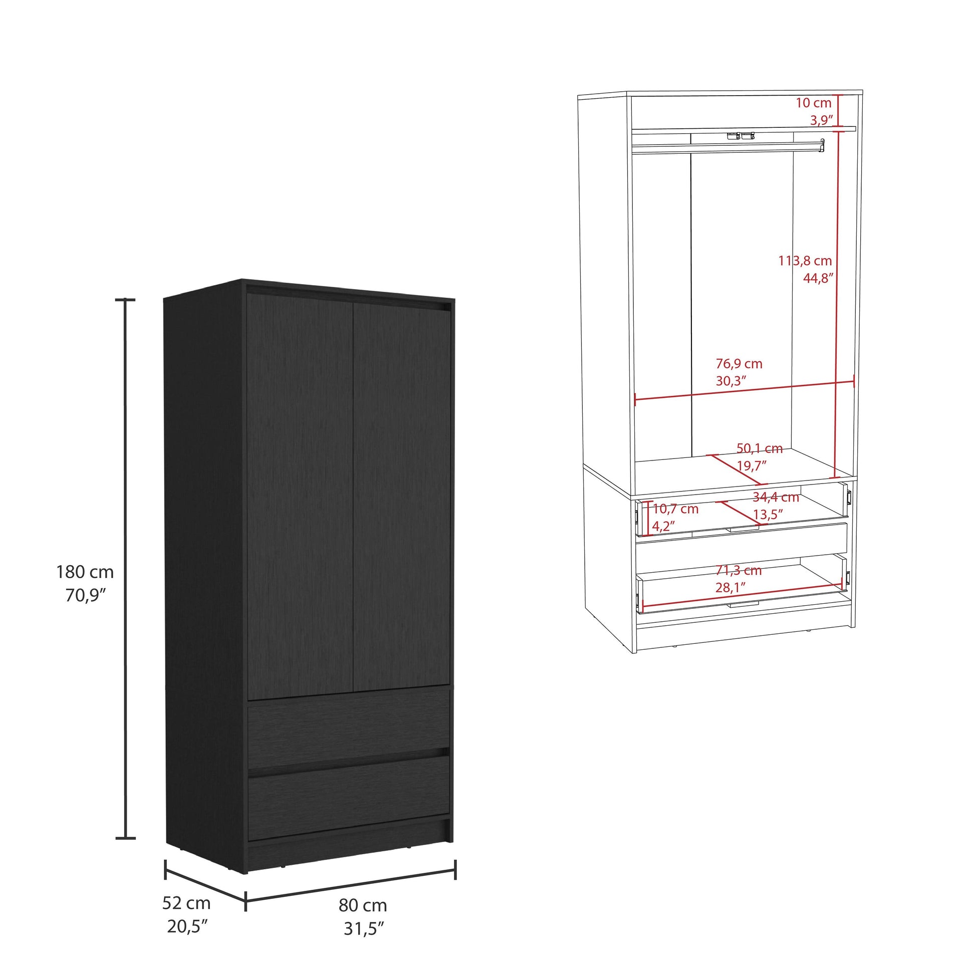 71" Black Wood Two Door Two Drawer Combo Dresser-8