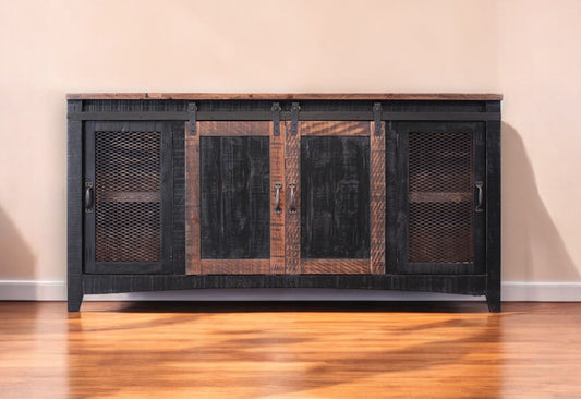 68" Black Solid Wood Cabinet Enclosed Storage Distressed TV Stand-0