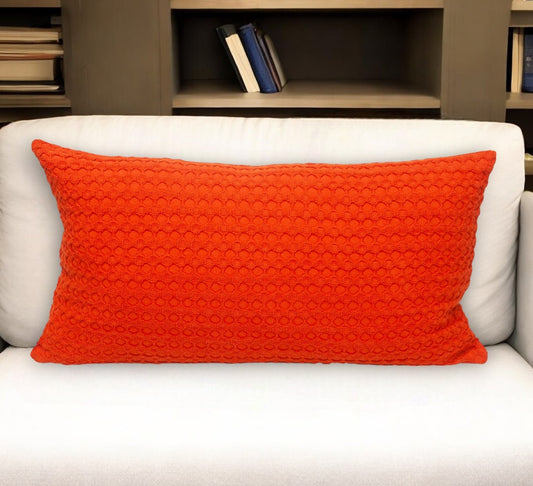 14" X 26" Orange Cotton Lumbar Throw Pillow with Texture-0