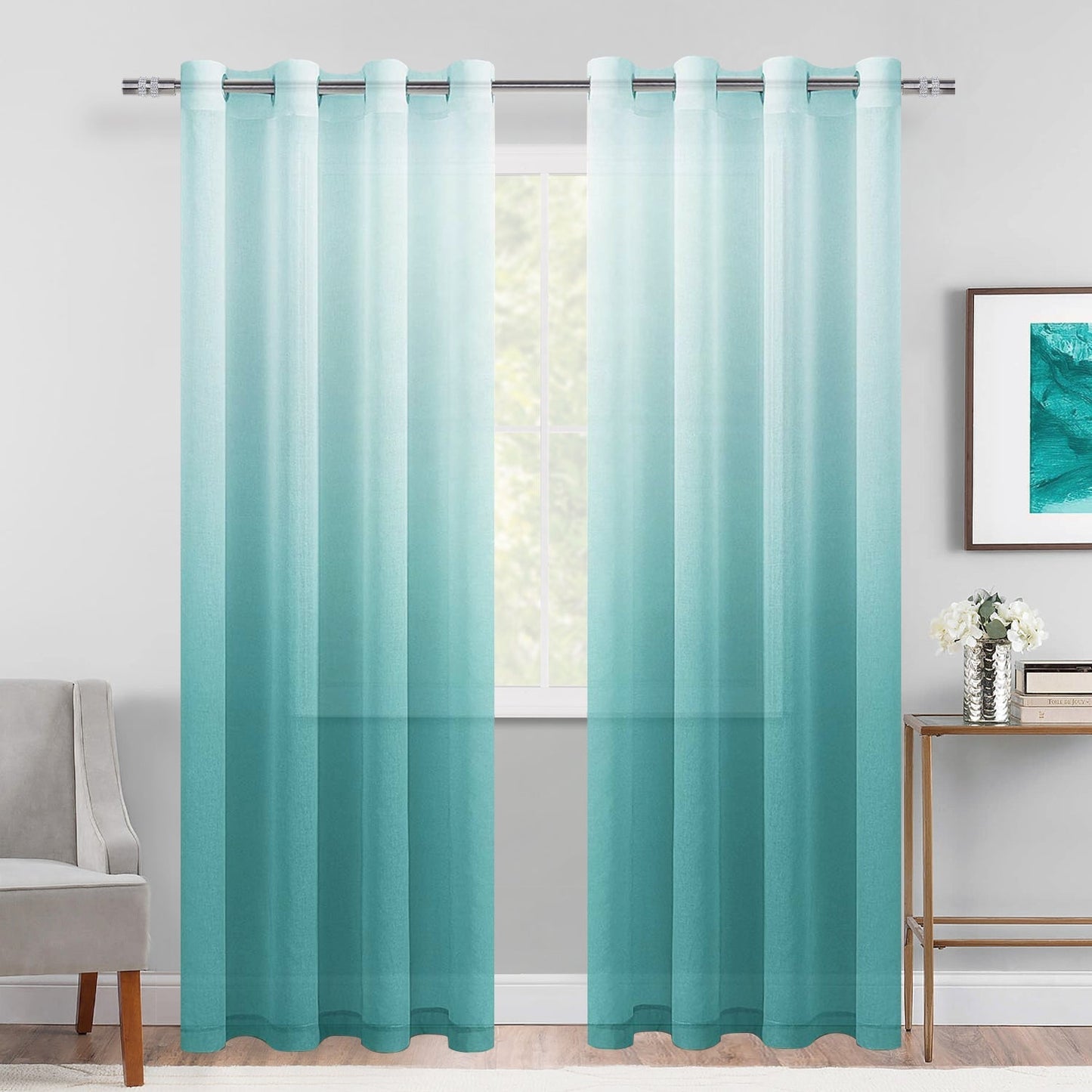 DWCN Faux Linen Ombre Sheer Curtains, Set of 2 Panels-5