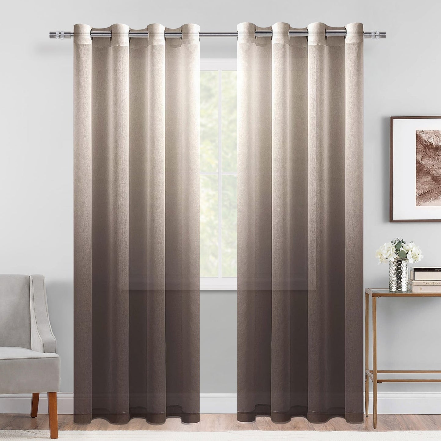 DWCN Faux Linen Ombre Sheer Curtains, Set of 2 Panels-10