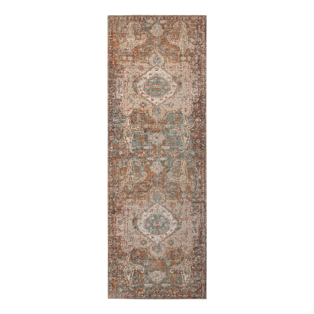 7' Beige Gray and Taupe Medallion Power Loom Runner Rug-1