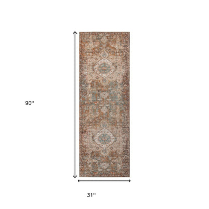 7' Beige Gray and Taupe Medallion Power Loom Runner Rug-2