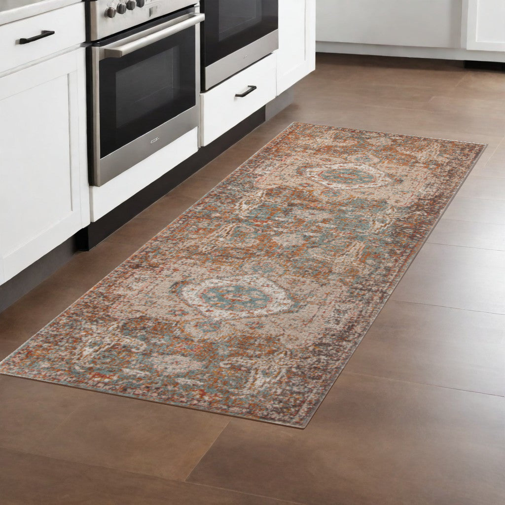 7' Beige Gray and Taupe Medallion Power Loom Runner Rug-0