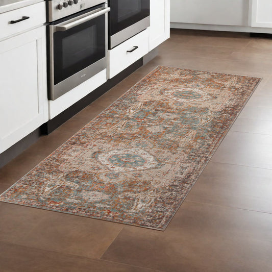 7' Beige Gray and Taupe Medallion Power Loom Runner Rug-0