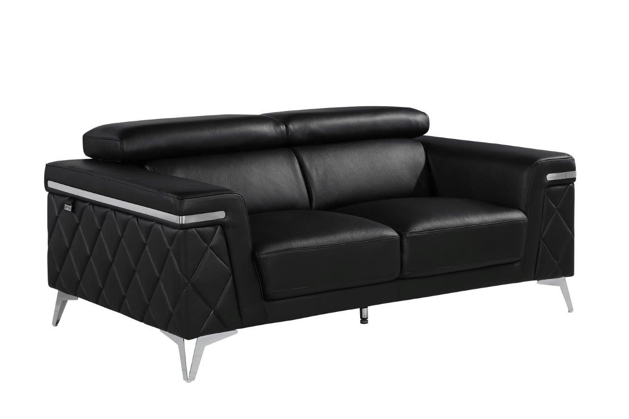70" Black And Silver Metallic Top Grain Leather Loveseat-2