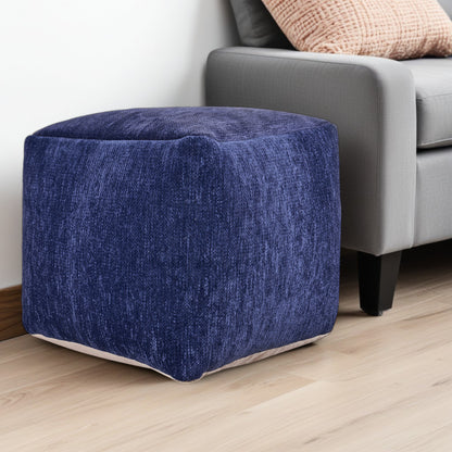 18" Blue Chenille Cube Pouf Ottoman-1