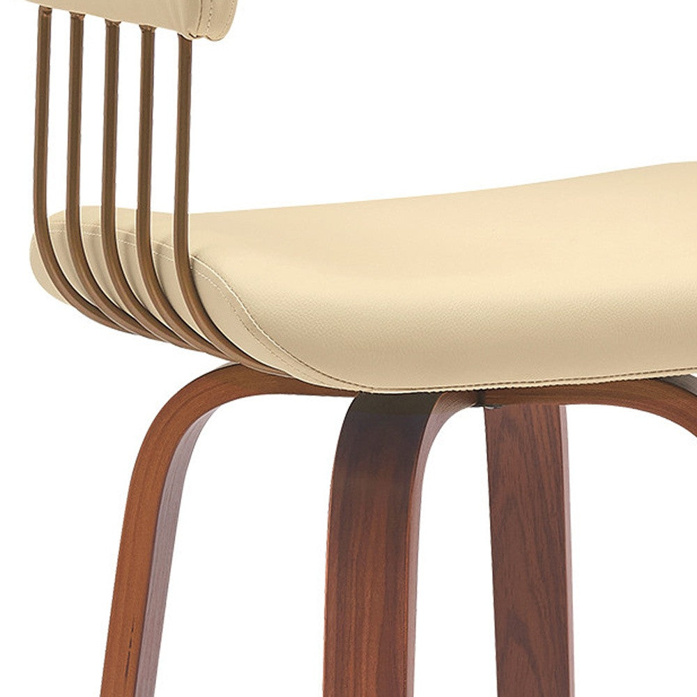 31" Cream And Wood Brown Faux Leather Swivel Bar Height Bar Chair-7