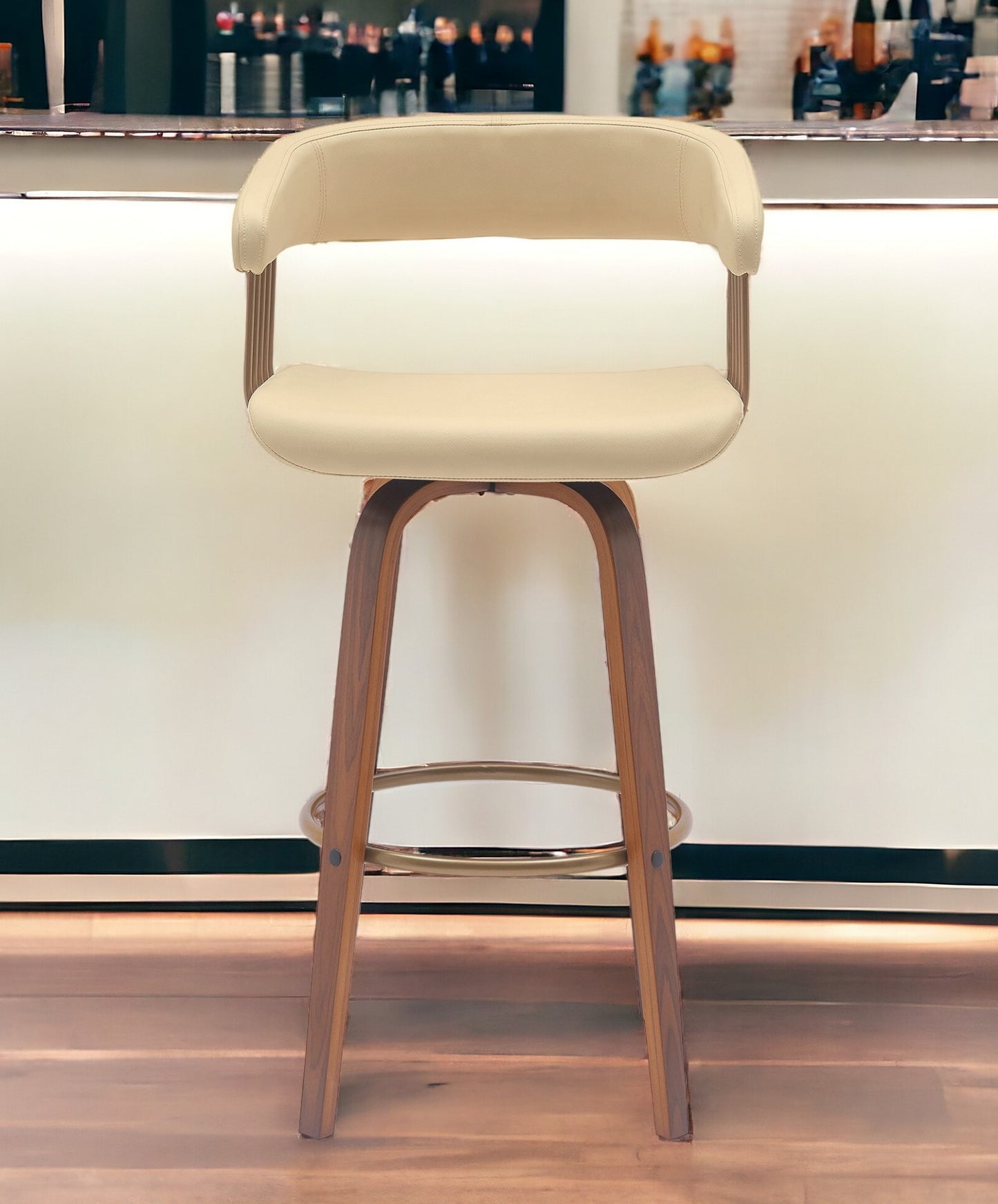31" Cream And Wood Brown Faux Leather Swivel Bar Height Bar Chair-0