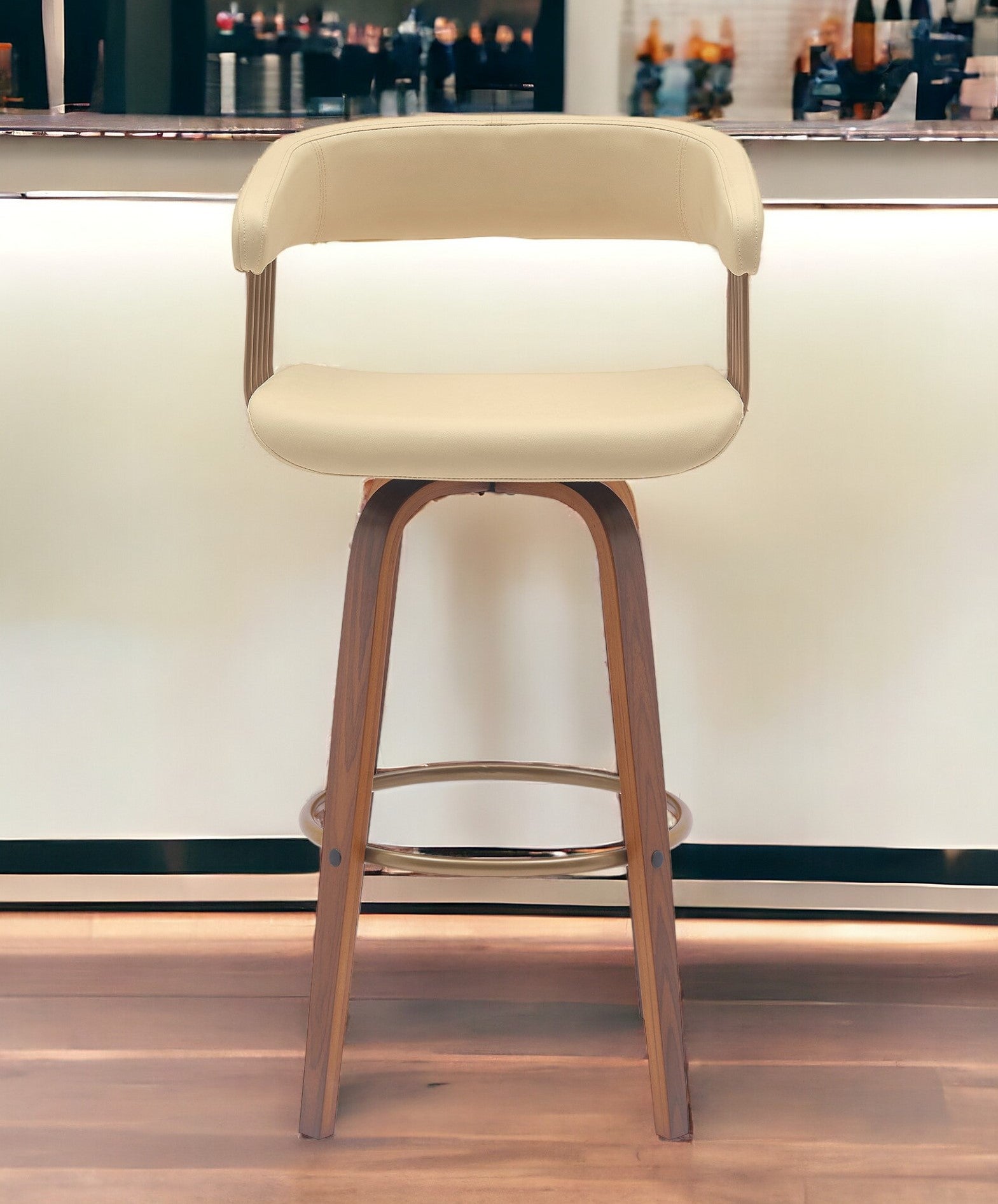 31" Cream And Wood Brown Faux Leather Swivel Bar Height Bar Chair-0
