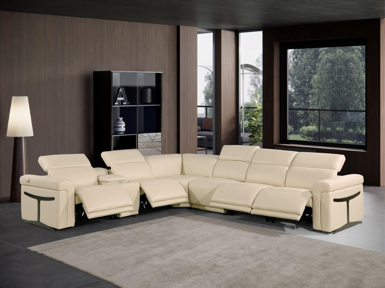 Beige Italian Leather Modular L Shaped Seven Piece Corner Sectional With Console-8