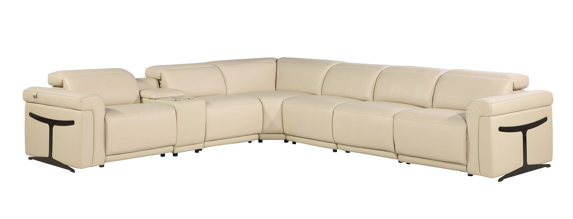 Beige Italian Leather Modular L Shaped Seven Piece Corner Sectional With Console-1
