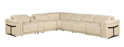 Beige Italian Leather Modular L Shaped Seven Piece Corner Sectional With Console-1