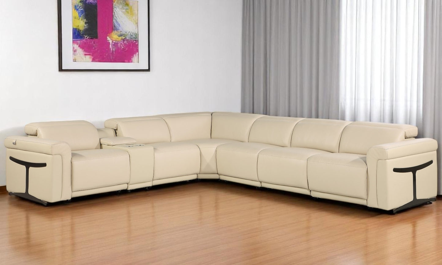 Beige Italian Leather Modular L Shaped Seven Piece Corner Sectional With Console-0