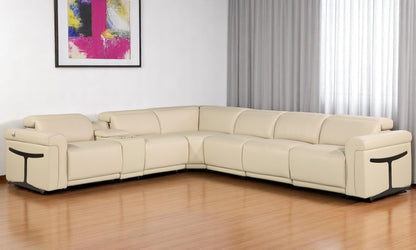 Beige Italian Leather Modular L Shaped Seven Piece Corner Sectional With Console-0