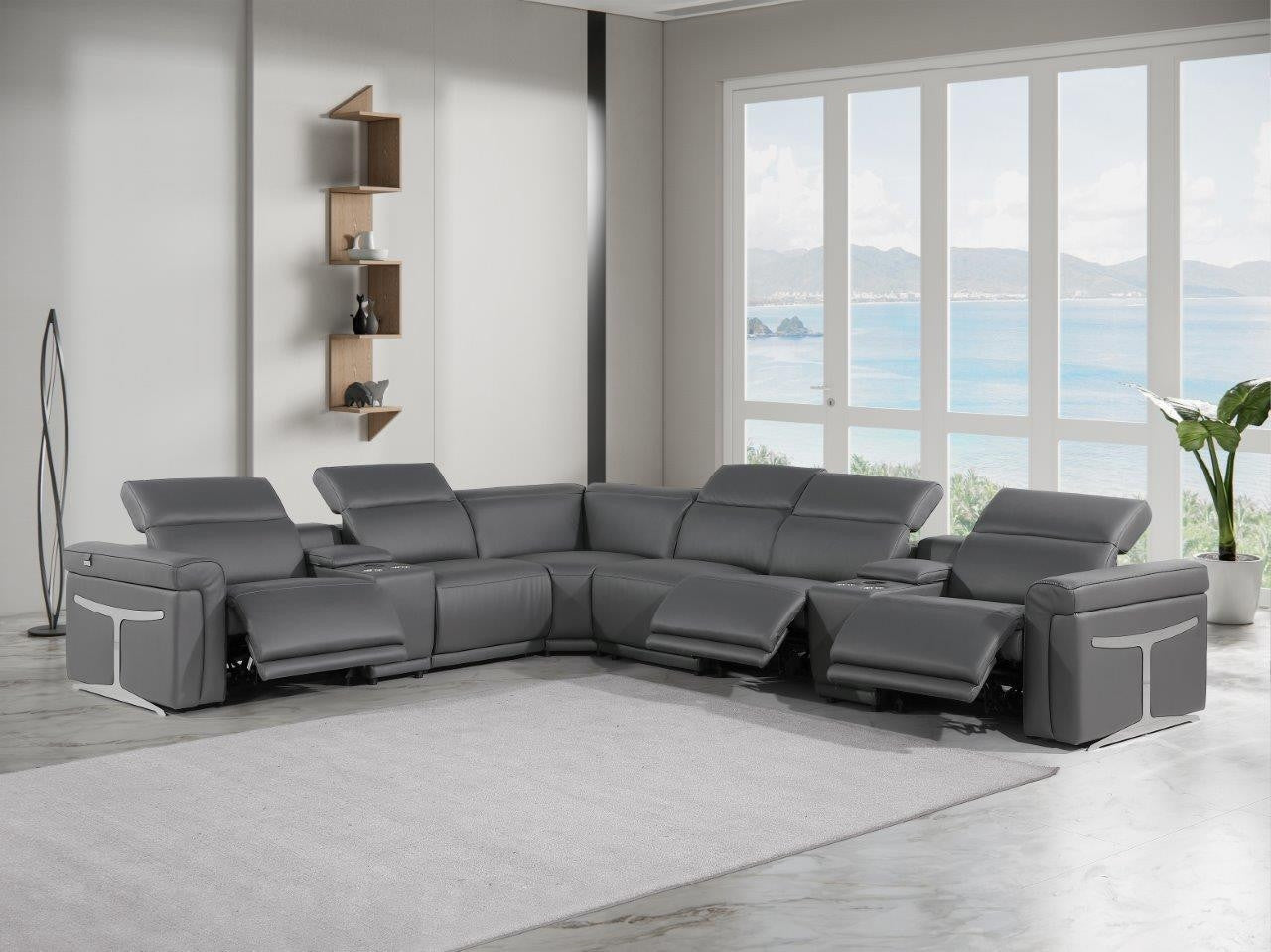 Gray Italian Leather Modular L Shaped Eight Piece Corner Sectional With Console-8