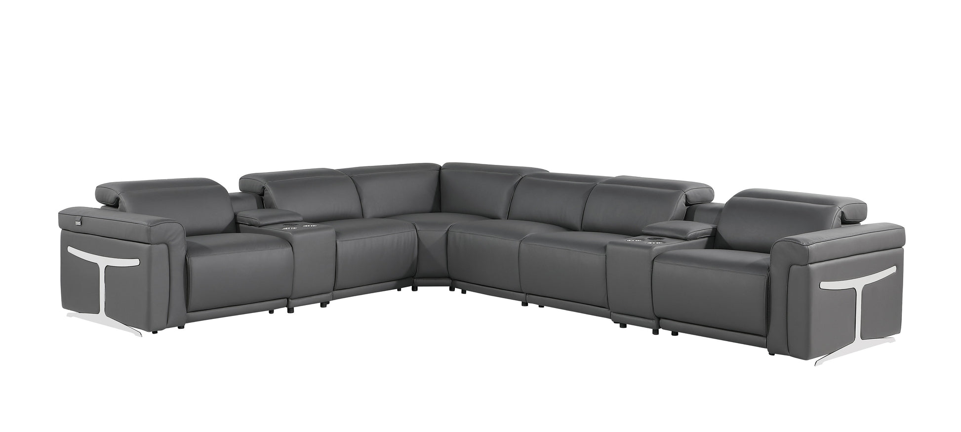 Gray Italian Leather Modular L Shaped Eight Piece Corner Sectional With Console-1