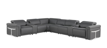 Gray Italian Leather Modular L Shaped Eight Piece Corner Sectional With Console-1