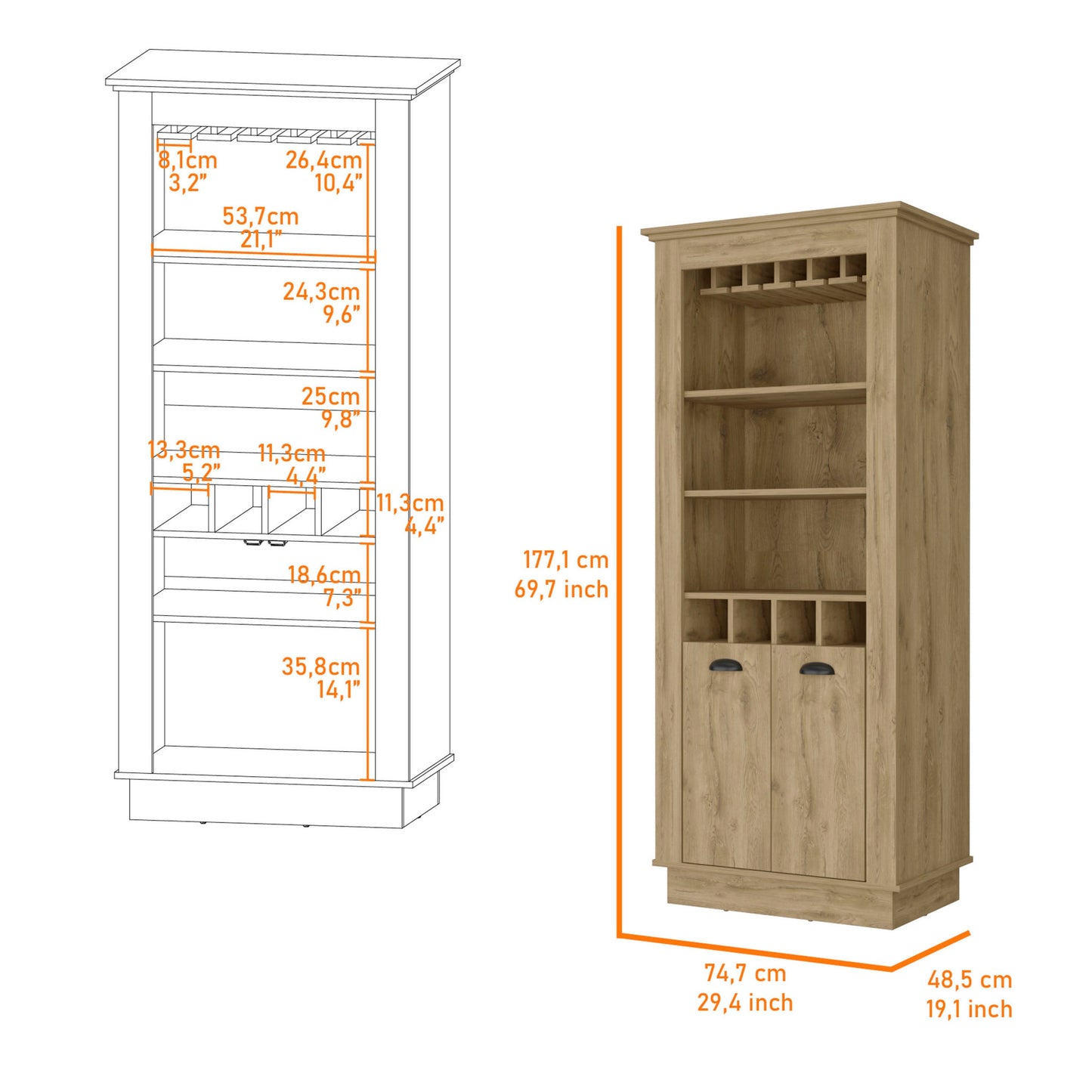 70" Brown Bar Cabinet With Wine Storage-6