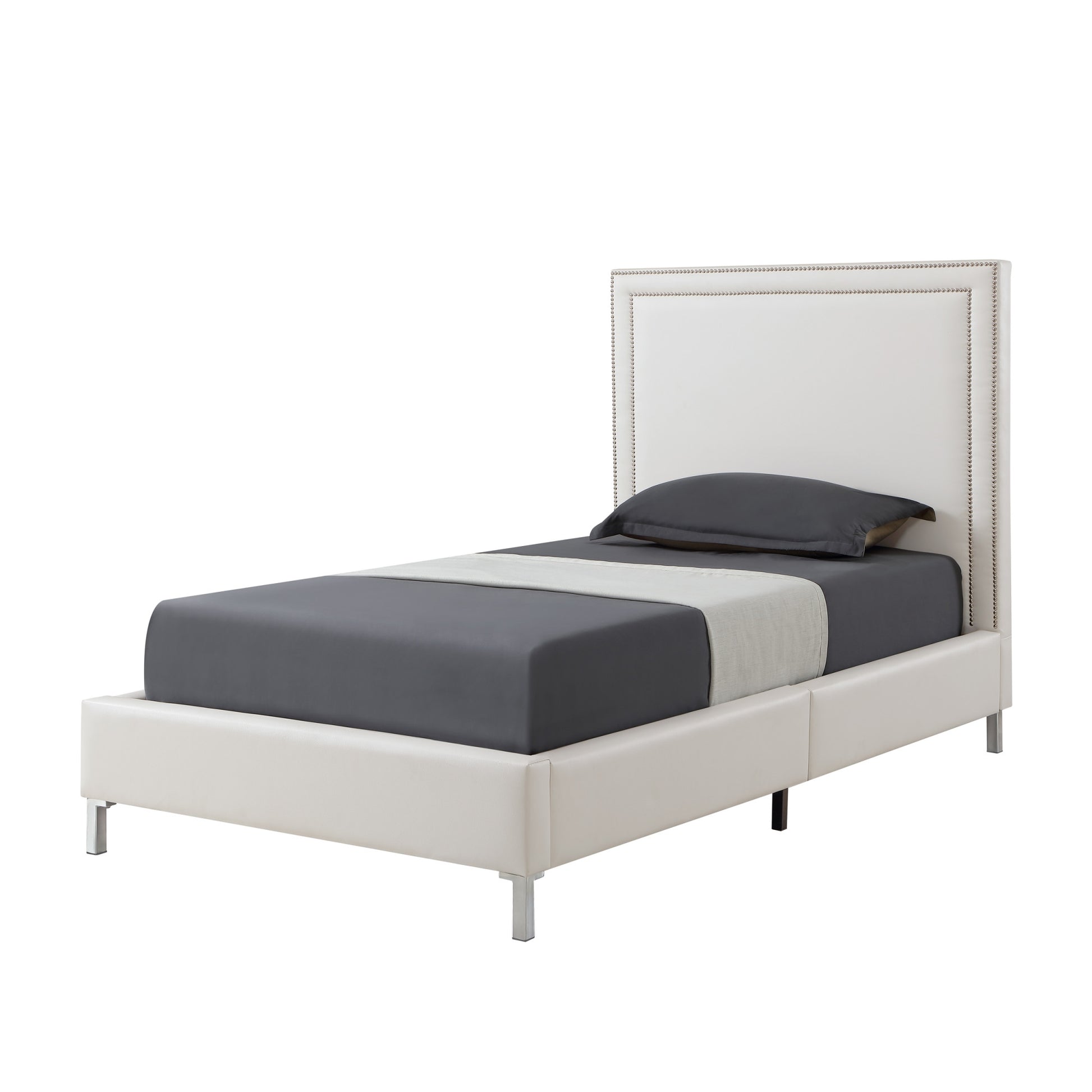 White Solid Wood Twin Upholstered Faux Leather Bed Frame with Nailhead Trim-2