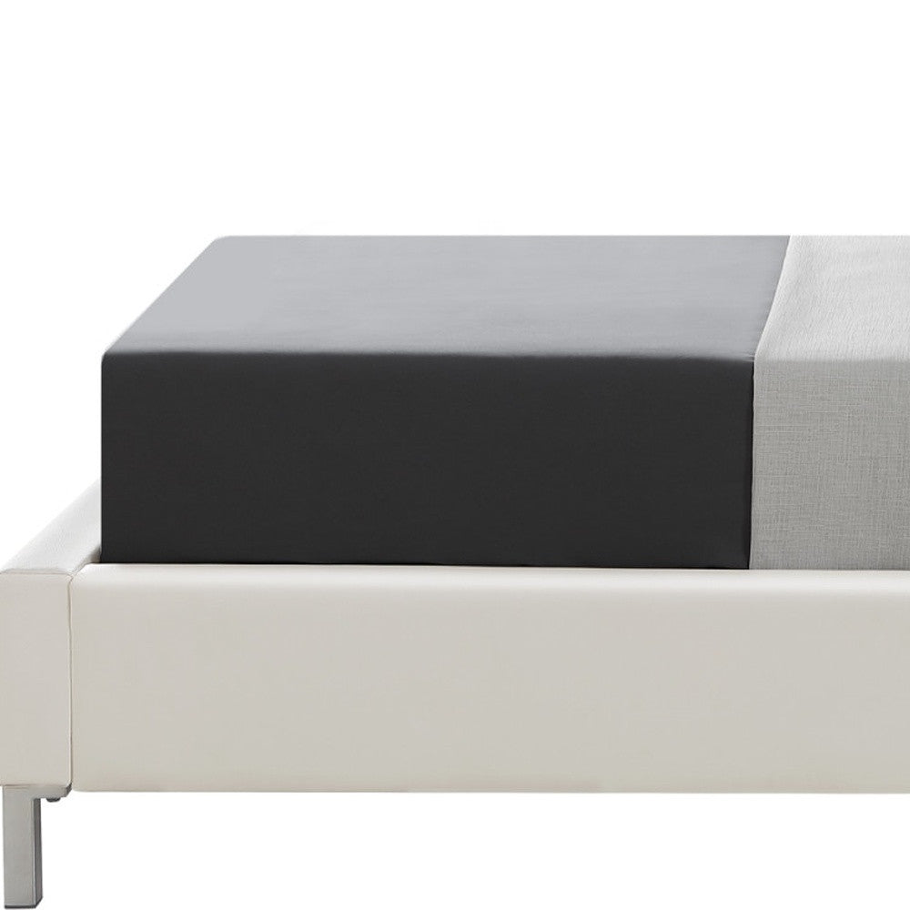 White Solid Wood Twin Upholstered Faux Leather Bed Frame with Nailhead Trim-6