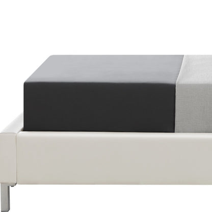 White Solid Wood Twin Upholstered Faux Leather Bed Frame with Nailhead Trim-6