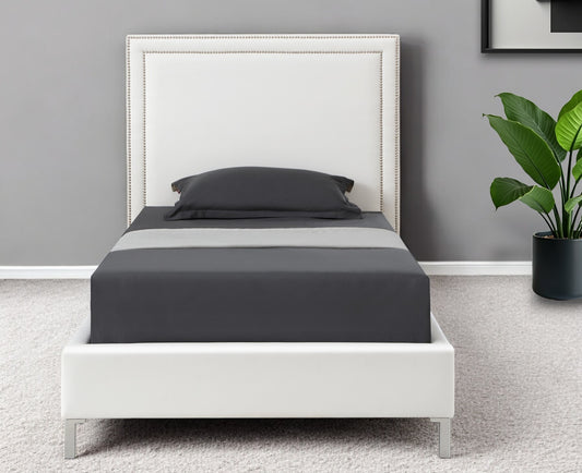 White Solid Wood Twin Upholstered Faux Leather Bed Frame with Nailhead Trim-0