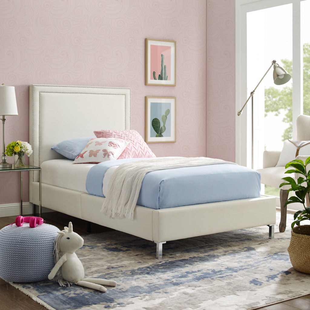 White Solid Wood Twin Upholstered Faux Leather Bed Frame with Nailhead Trim-8