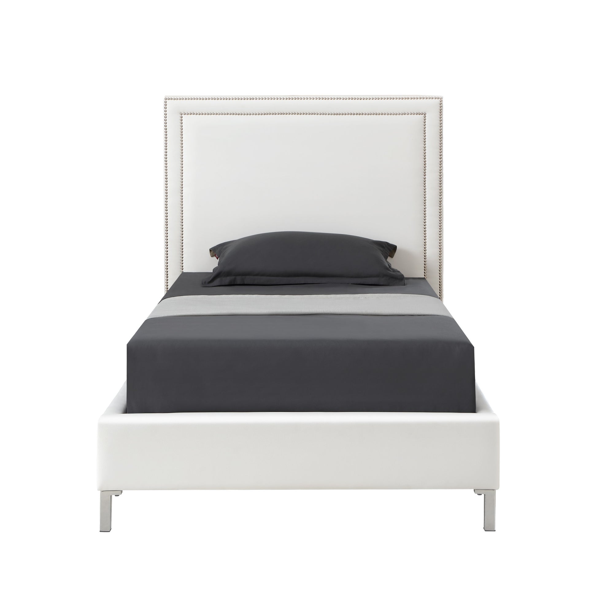 White Solid Wood Twin Upholstered Faux Leather Bed Frame with Nailhead Trim-3