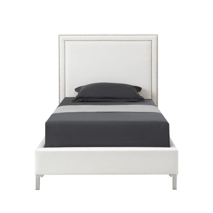 White Solid Wood Twin Upholstered Faux Leather Bed Frame with Nailhead Trim-3