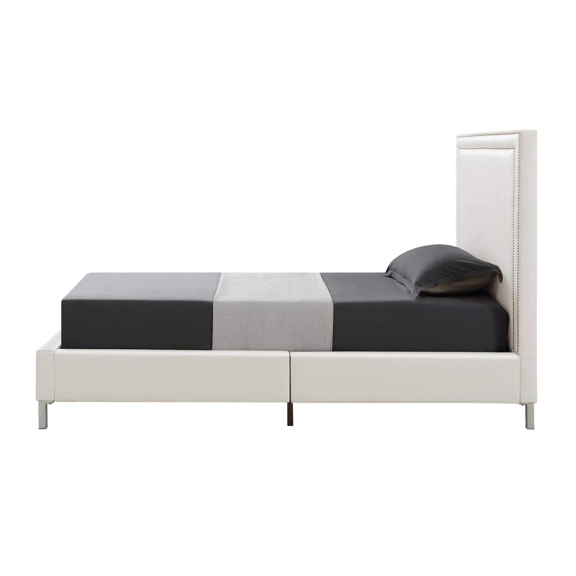 White Solid Wood Twin Upholstered Faux Leather Bed Frame with Nailhead Trim-1