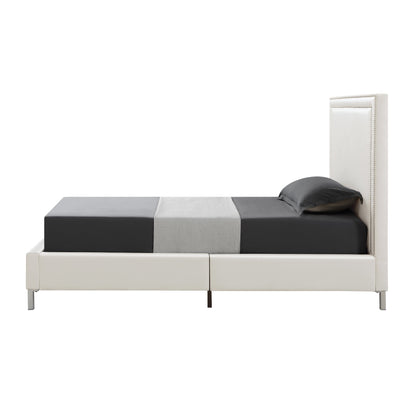 White Solid Wood Twin Upholstered Faux Leather Bed Frame with Nailhead Trim-1