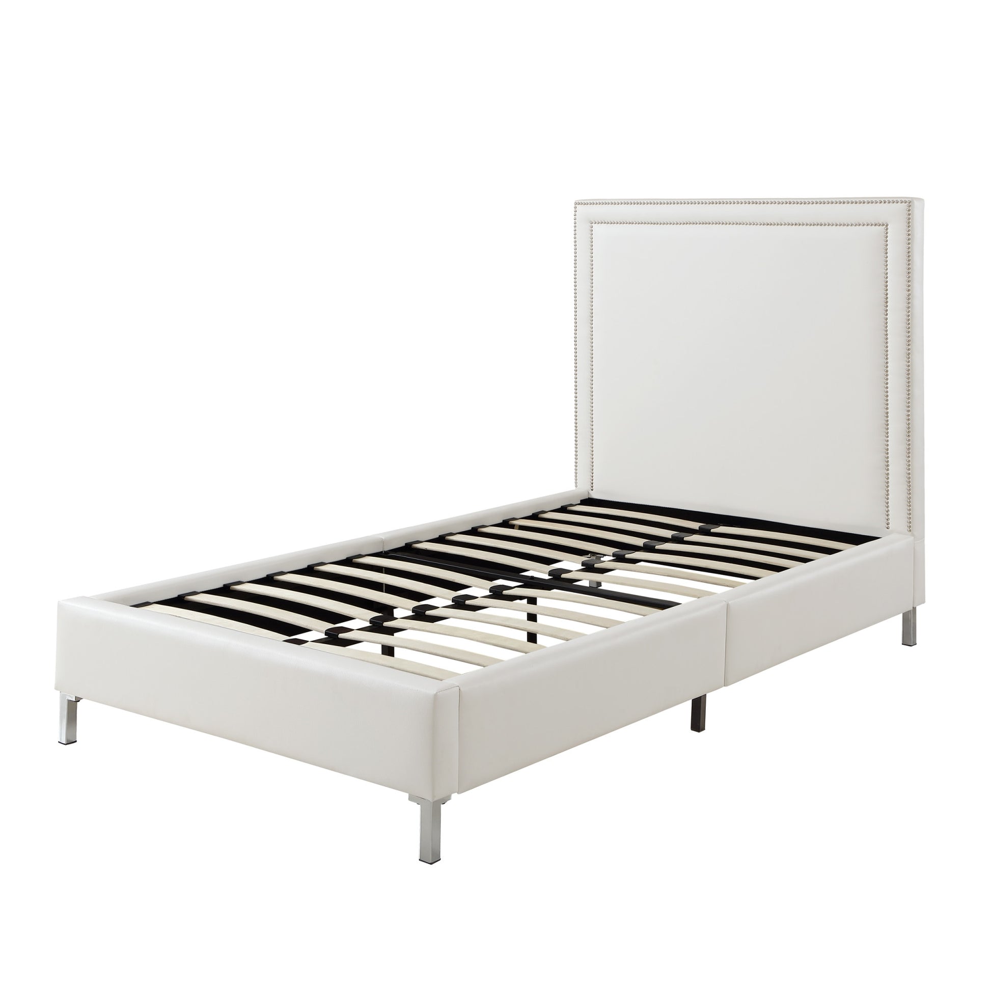 White Solid Wood Twin Upholstered Faux Leather Bed Frame with Nailhead Trim-4
