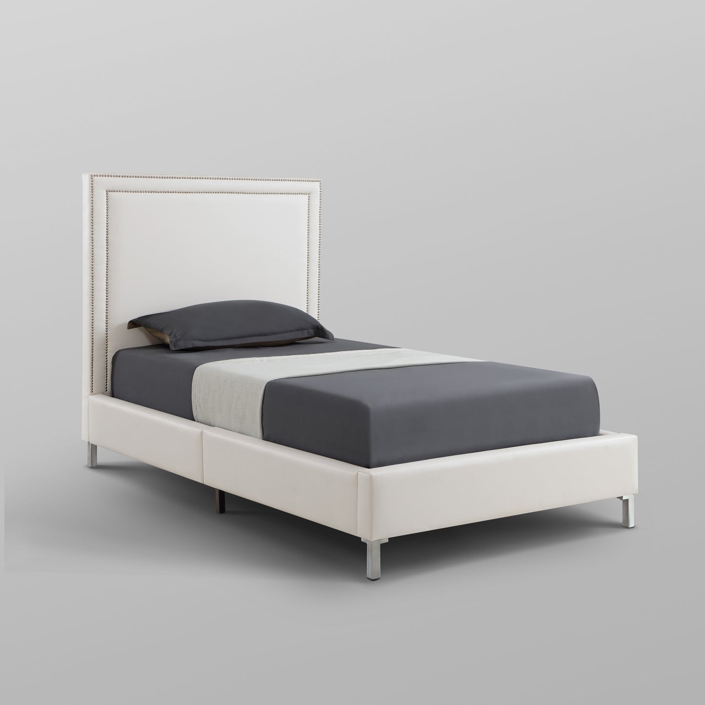 White Solid Wood Twin Upholstered Faux Leather Bed Frame with Nailhead Trim-7