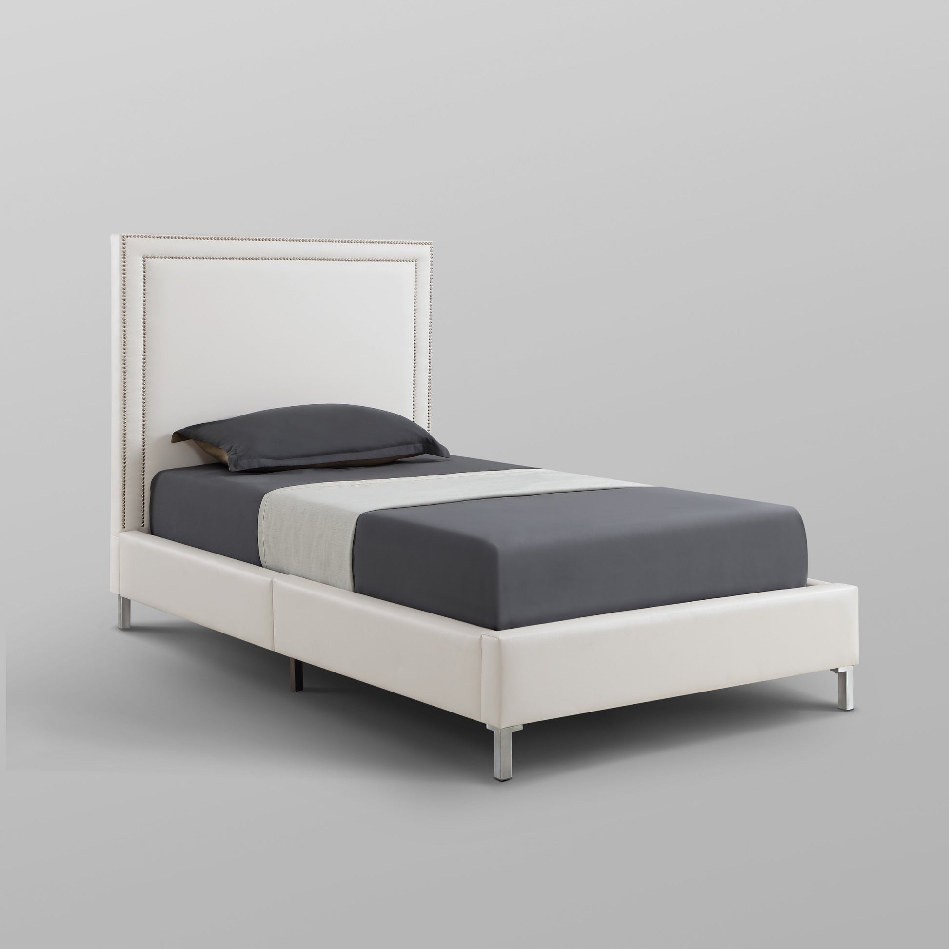 White Solid Wood Twin Upholstered Faux Leather Bed Frame with Nailhead Trim-7