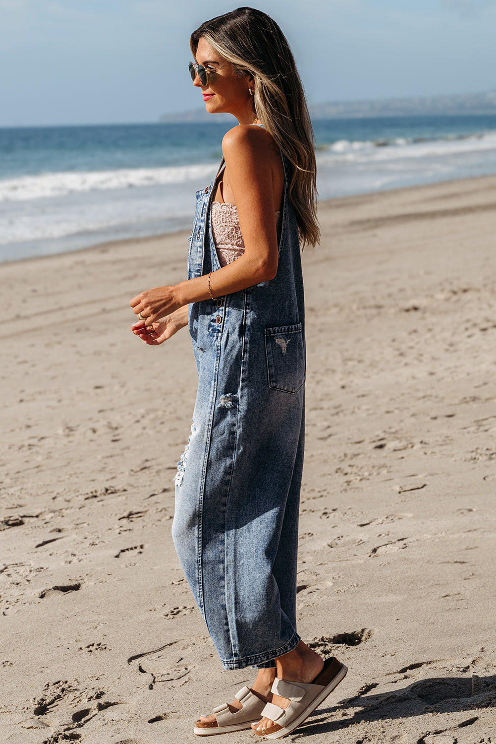 Baylor Distressed Bib Pocket Wide Leg Denim Overall-3